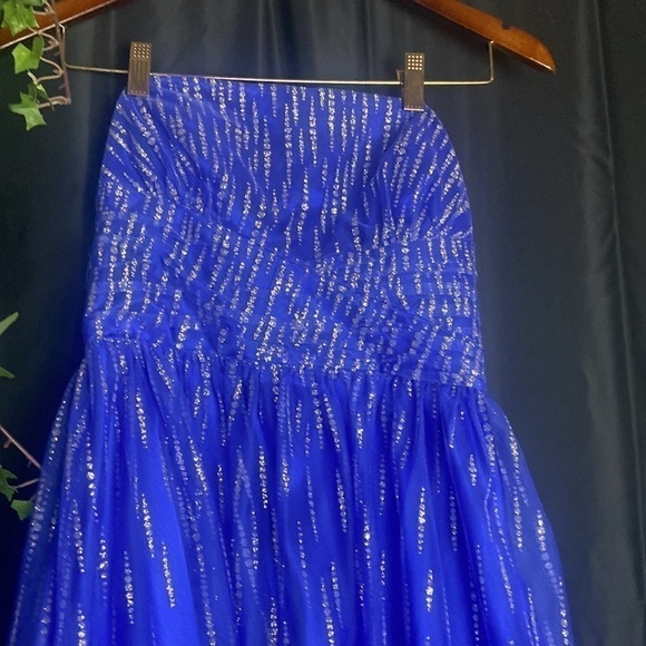 Morgan & Co. Blue Glittery Prom Dress Hi Low - Picture 3 of 8